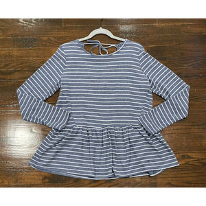 MODCLOTH Striped Tiered Hem Tunic Blouse Size L Cutout Tie Back Soft Touch USA